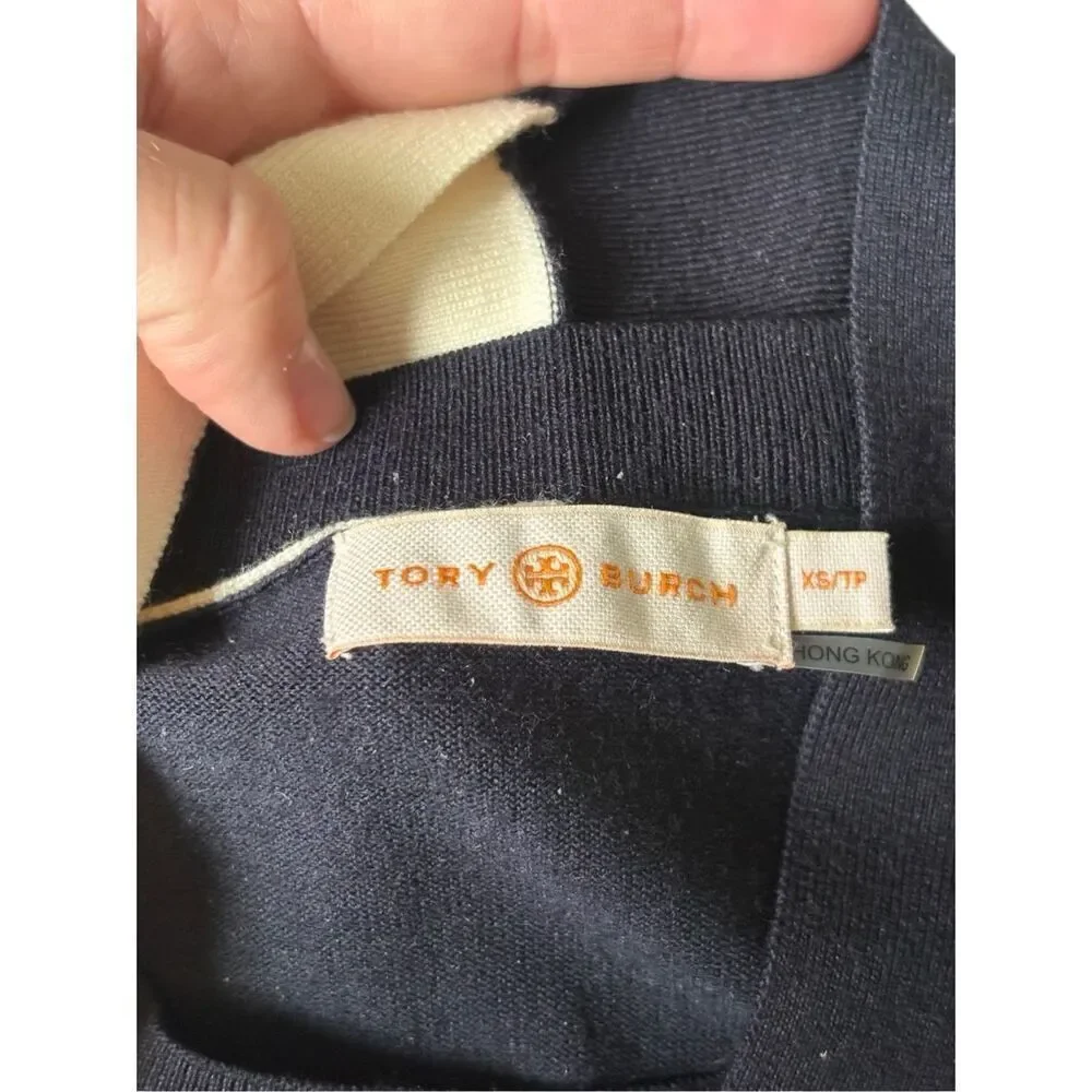 Tory Burch Dress SHORT SLEEVE BOW SWEATER Medium Navy Ivory size‎ XS